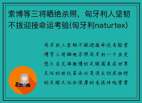 索博等三将晒绝杀照，匈牙利人坚韧不拔迎接命运考验(匈牙利naturtex)