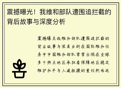 震撼曝光！我维和部队遭围追拦截的背后故事与深度分析