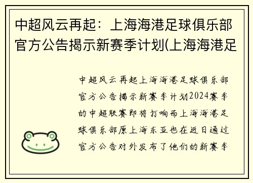 中超风云再起：上海海港足球俱乐部官方公告揭示新赛季计划(上海海港足球俱乐部转会)