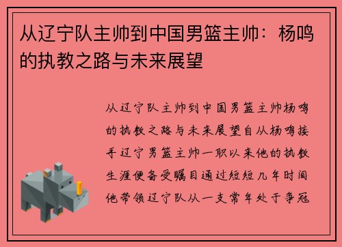 从辽宁队主帅到中国男篮主帅：杨鸣的执教之路与未来展望